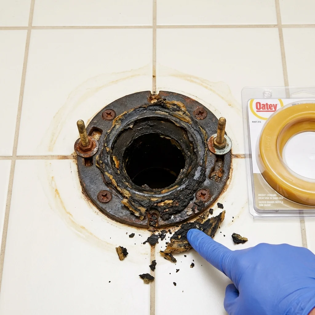 Failed wax ring showing water seepage at the base of a toilet in a Shelbyville, MO home