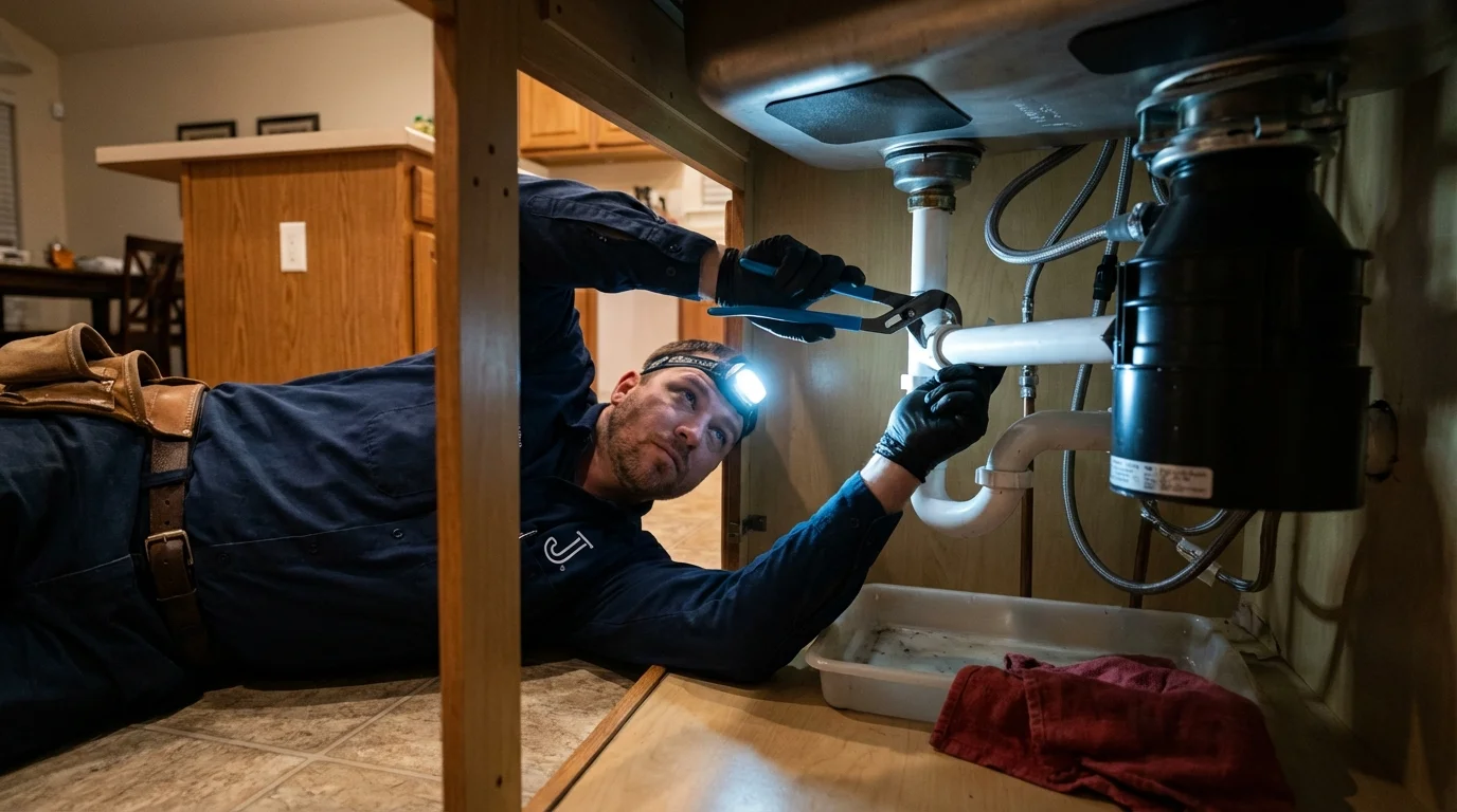 P-trap and supply line connections under a kitchen sink showing a common leak point in Shelbyville, MO